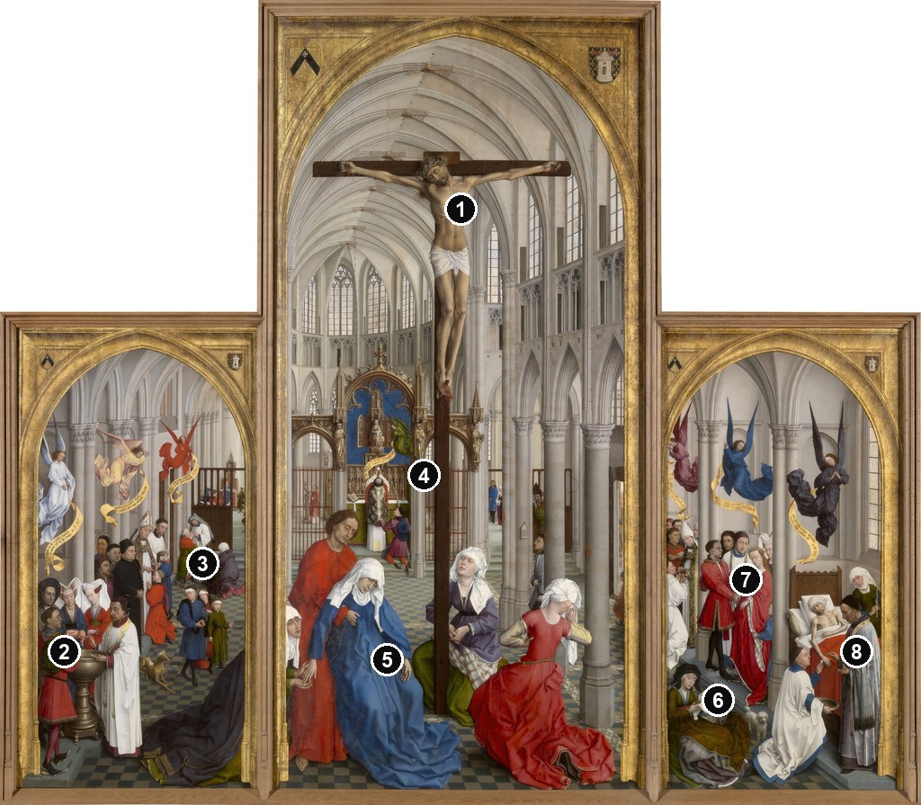 Annotated details from Seven Sacraments Altarpiece by Rogier van der Weyden